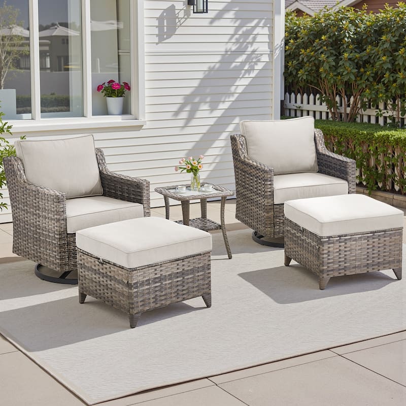 Pocassy Outdoor Patio Furniture Wicker Sofa Swivel Chair Set - Grey Wicker Beige Cushion - 5 Pieces Swivel Chair with Ottoman