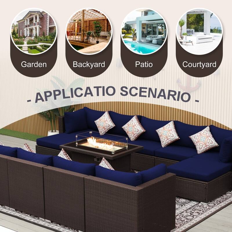 13-Piece Outdoor Wicker Patio Sectional Conversation Set with 43" CSA Fire Pit Table