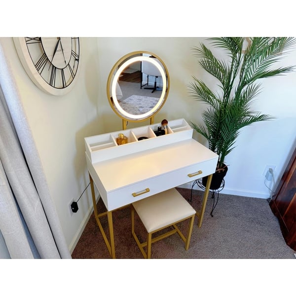 White Gold Makeup Vanity Desk with Mirror Lights 3 Modes Drawers Dressing  Table Cushioned Stool Set for Bedroom - Bed Bath & Beyond - 42934171