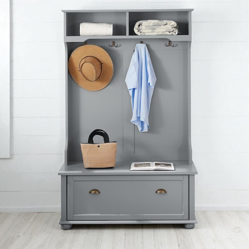 Classic Entryway Hall Tree with Bench, Shelves, Shoe Cabinet & Coat Hooks, Solid Wood Feet Coastal Design - Grey