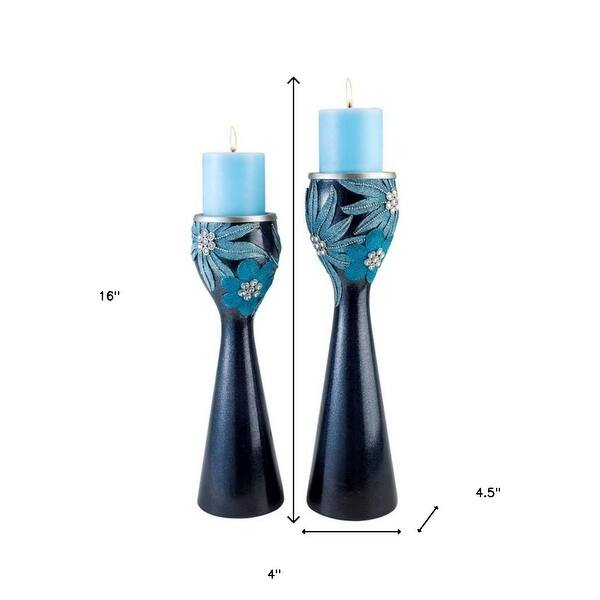Set Of Two Navy and Aqua Floral Bling Candle Holders with Candles Set Of Two Navy and Aqua Floral Bling Candle Holders with Candles