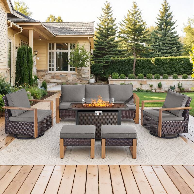 Meyreso Wicker Outdoor Patio Metal Fire Pit Set with Swivel Gliders & 4.5" Olefin Cushions