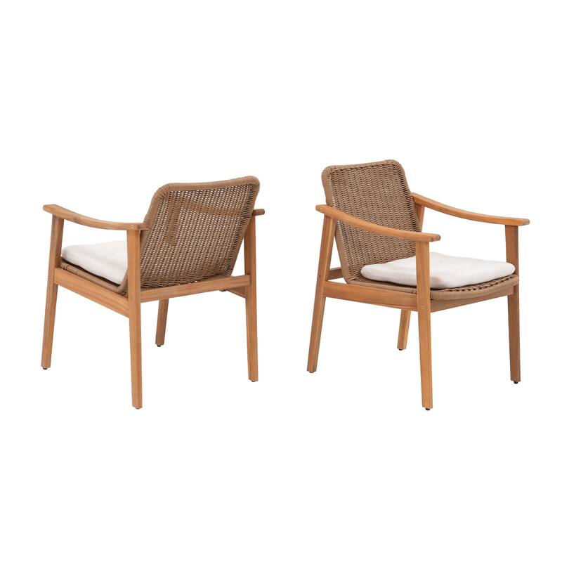 Outdoor Farmhouse Rattan Dining Chairs in Solid Acacia Wood Armchairs Weaving PE wicker Weather-resistant