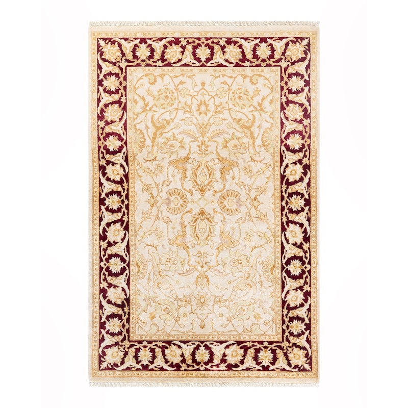 Overton Handknotted Wool Contemporary Tribal Ivory Area Rug - 4' x 6' - Ivory - 4' x 6'