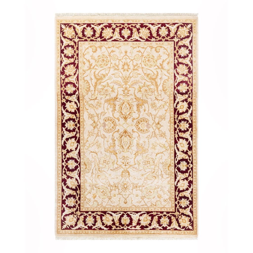 Overton Handknotted Wool Contemporary Tribal Ivory Area Rug - 4' x 6'