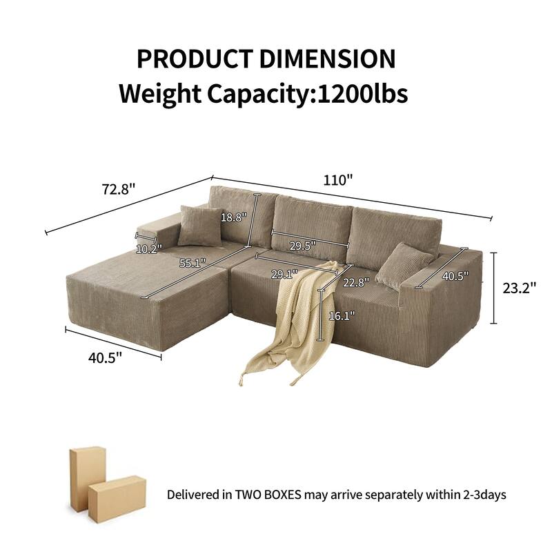 Modular L Shaped Sectional Sofa with Ottoman, Corduroy Boneless Cloud Sofa, 3 Seater Upholstered Sofa with 2 Pillows