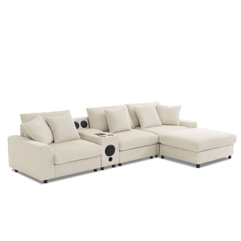 Modular Corduroy Sectional Sofa with Bluetooth Speakers, Charging Ports, Cup Holders, Storage and Ottoman for Living Room