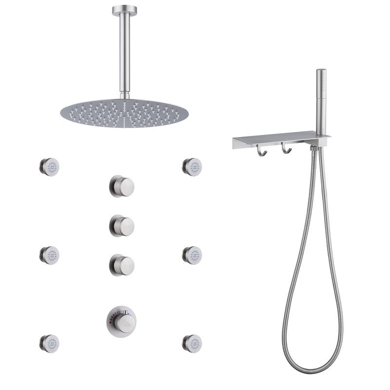 CASAINC Thermostatic 12 inch Rainfall Showerhead with Handheld Spray & 6 Body Jets Set(Can All Run Together) Rain Shower System