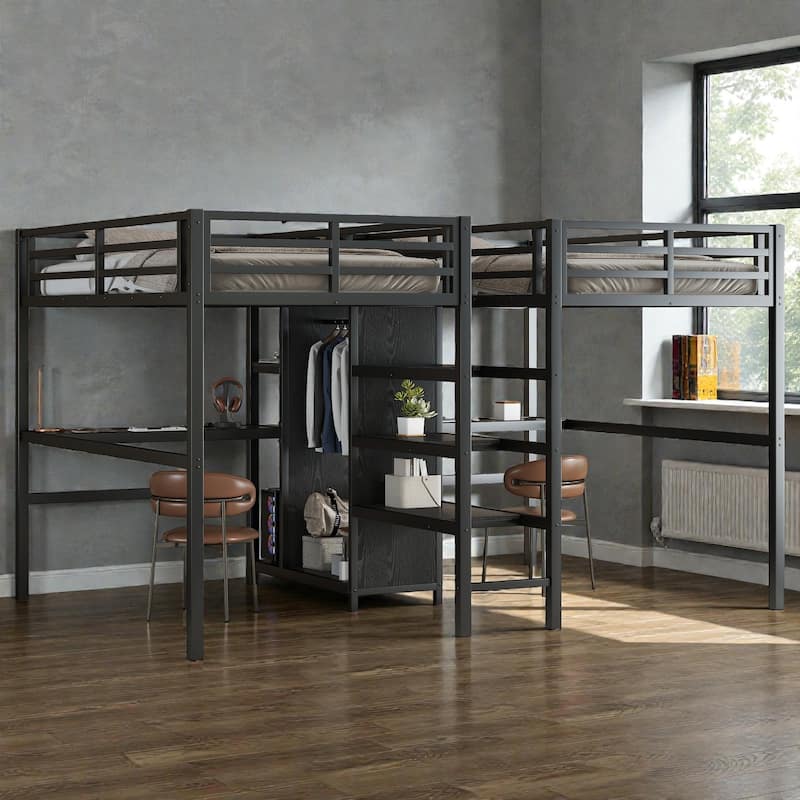 Twin Over Twin Metal Loft Bed with Double Desk, Wardrobe, Shelves and Power Outlets, Space-Saving Design