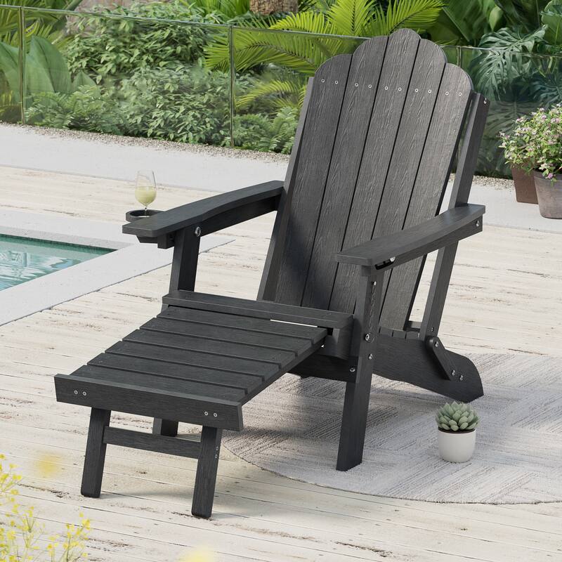 3-Position Adjustable Folding Adirondack Chair W/ Ottoman for Outdoor - Black - 1-Piece