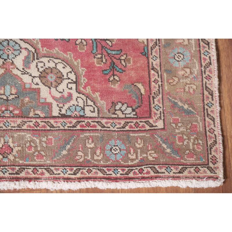 Hand Knotted Oriental 100% Wool Carpet Traditional Floral Pink Tabriz Runner Rug - 12' 9'' X 3' 3''
