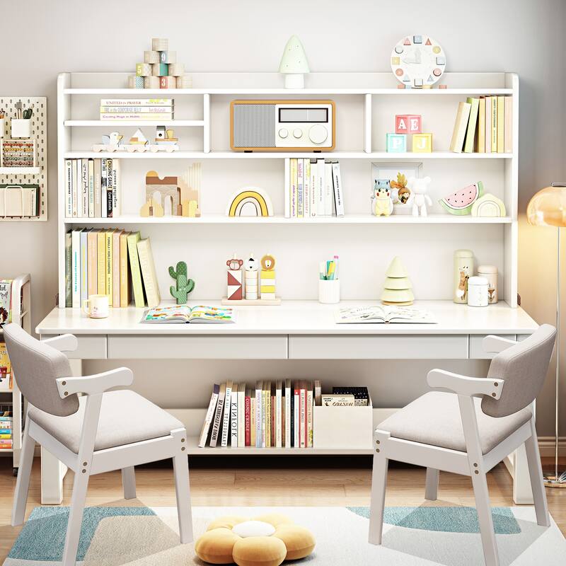 Kids Writing Desk with Chair, Student Study Desk and Bookshelf Set