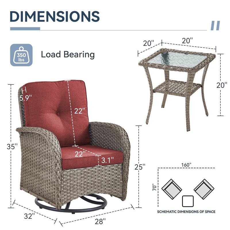 Gymojoy Swivel Patio Chair & Table 3 Piece Outdoor Furniture Set
