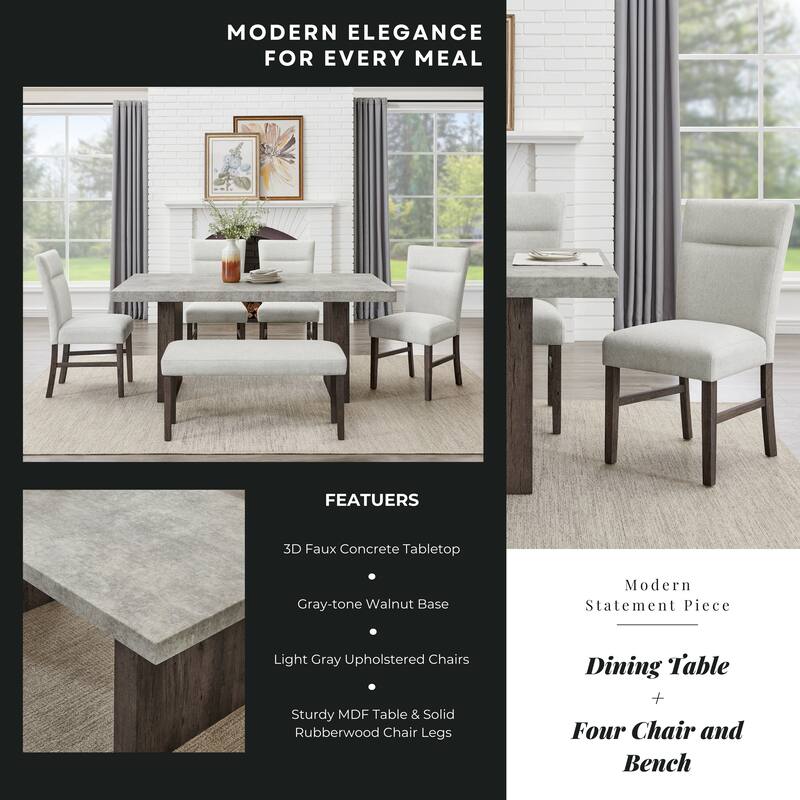 Roundhill Furniture Sorlen Modern 6-Piece Dining Set, 3D Faux Concrete Table with 4 Chairs and Bench