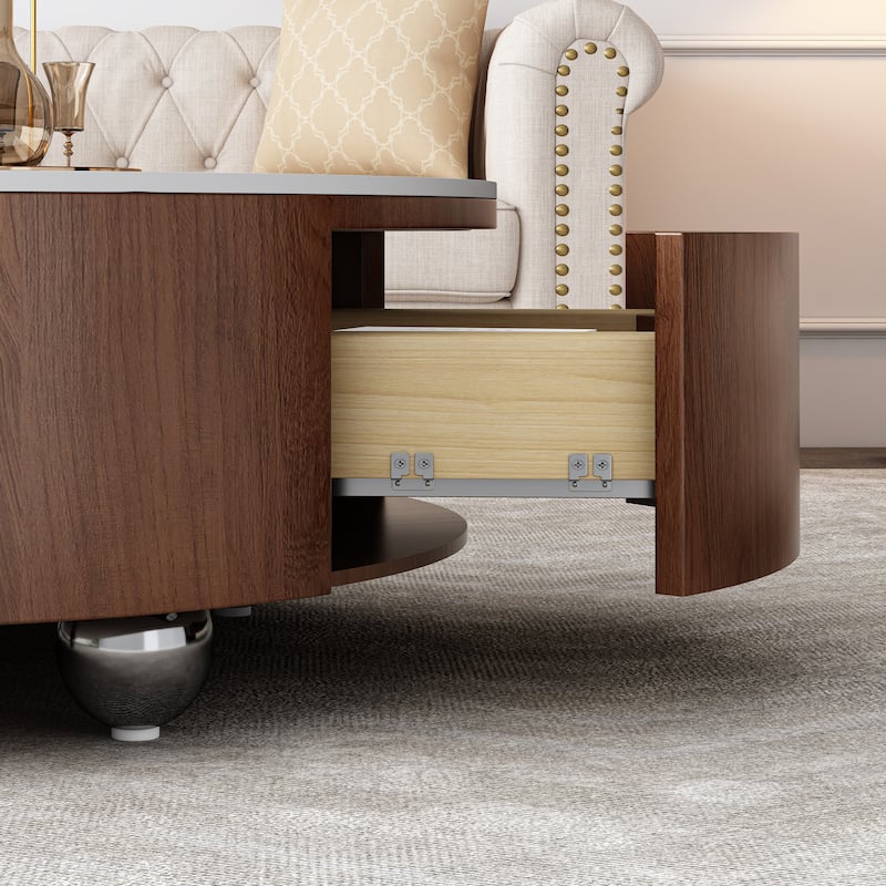 GDFStudio - Contemporary 35.4" Round Coffee Table with Sintered Stone Faux Marble Top and 2 Soft-Close Drawers