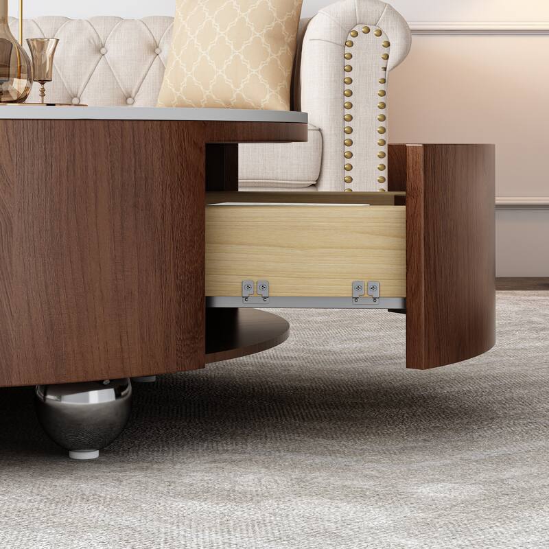 Modern Round Coffee Table with Imitation Marble Tabletop 2 Drawers and 4 Stainless Steel Legs, for Living Room