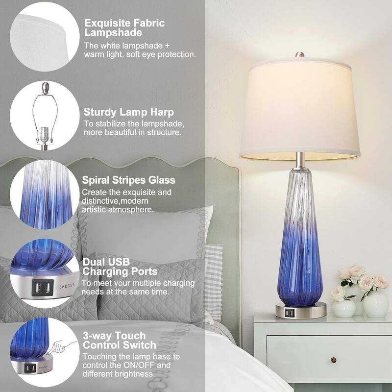 Anmytek Blue Gradient Glass Table Lamps Set of 2 with USB Charging Ports Touch Dimmable