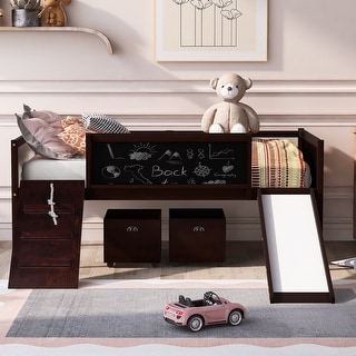 Twin Size Loft Bed Wood Guardrail Bed with Two Storage Boxes and Double-Sided Chalkboard, Climbing Frame & Rope Design