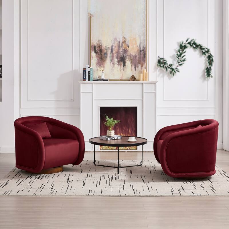 360° Swivel Upholstered Barrel Chair, Comfy Single Arm Reading Sofa, Leisure Club Chair with Cushion & Solid Wood Base