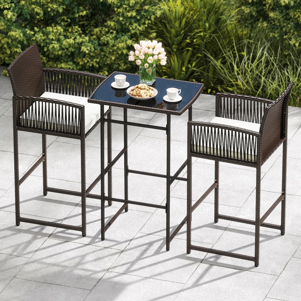 Costway 3 PCS Patio Bar Set Wicker Table & Armchairs with 2 Cushions - See Details