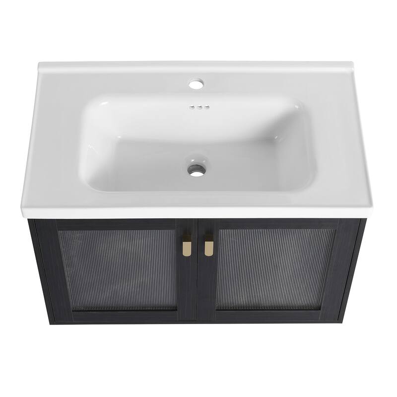 32 inch Wall-Mounted Bathroom Vanity Set in Black with Integrated Ceramic Sink
