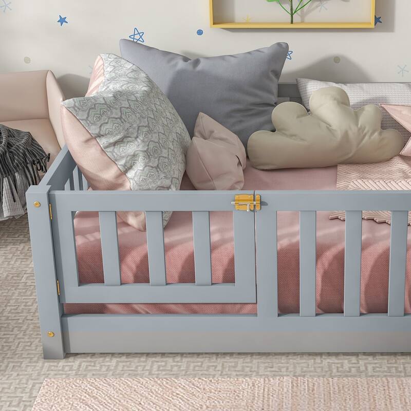 Wooden Floor Bed Frame with Slats Support, Twin Size Kids Floor Bed, Rubber Wood Twin Floor Bed Frame with Fence and Door