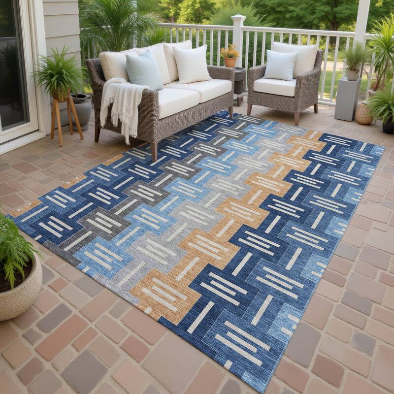 Machine Washable Indoor/ Outdoor Modern Wamego Chantille Rug - Navy - 9' x 12'
