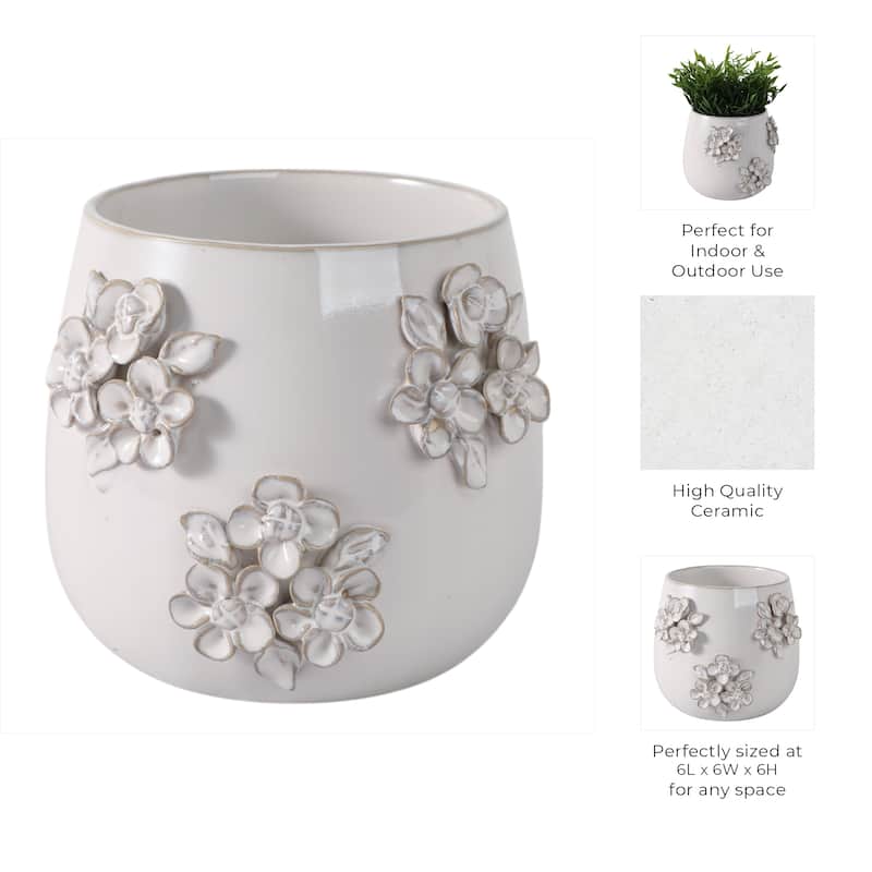 Ceramic Planter with Raised Floral Detailing and Glossy Texture