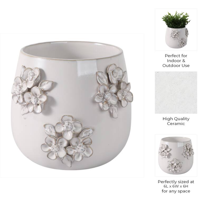 Ceramic Planter Raised Floral Detailing Glossy Decorative Display