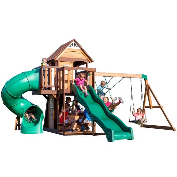 slide 2 of 14, Backyard Discovery Cedar Cove Cedar Wood Swing Set, Slides, Clubhouse - 18'4" x 15'3" Brown - Swing Set - 18'4" x 15'3" - Kids