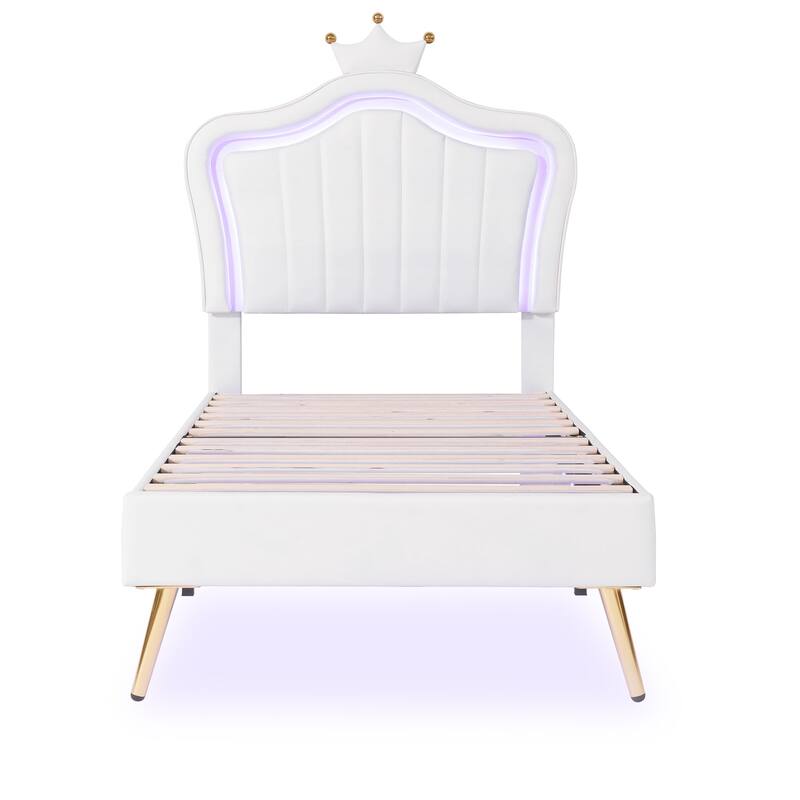 White Twin Upholstered Bed Frame with LED Lights and Crown Headboard, 12 Slats, 600 lbs Capacity