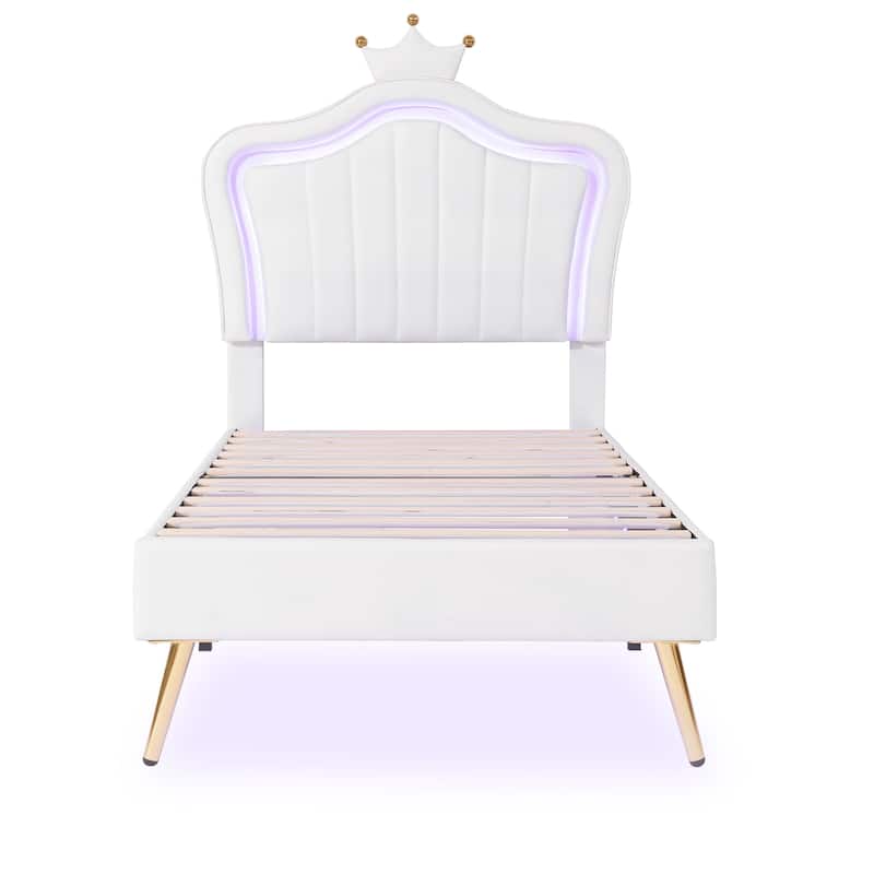 White Twin Upholstered Platform Bed with LED Crown Headboard - MDF, Plywood, PU, Metal, 600LBS Capacity