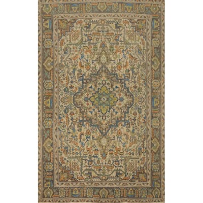 Hand Knotted Oriental 100% Wool Carpet Traditional Floral Beige & Ivories Tabriz Area Rug - 9' 3'' X 6' 1''