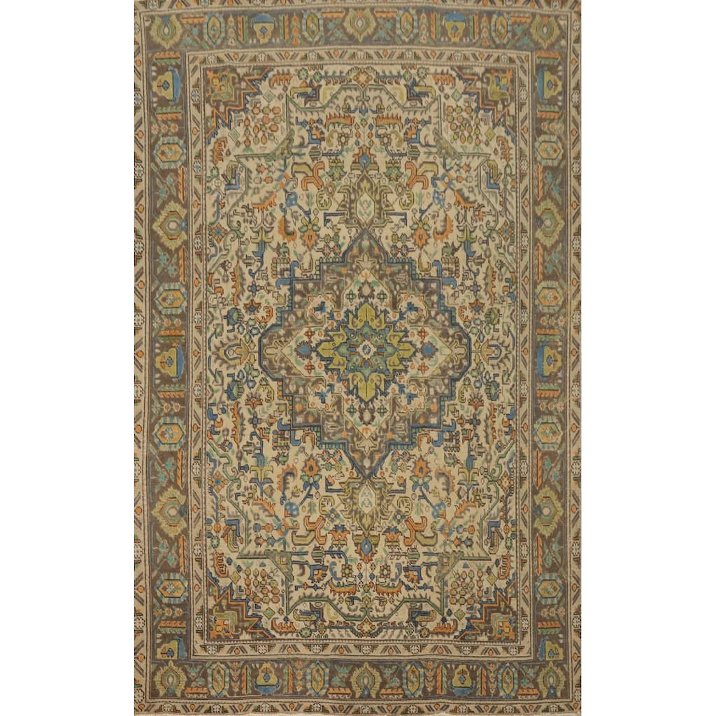 Hand Knotted Oriental 100% Wool Carpet Traditional Floral Beige & Ivories Tabriz Area Rug - 9' 3'' X 6' 1''