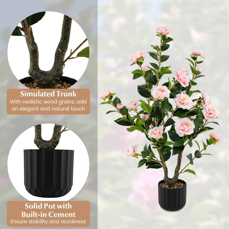 Gymax 2PCS 38'' Artificial Camellia Tree Faux Floral Plant Fake Tree