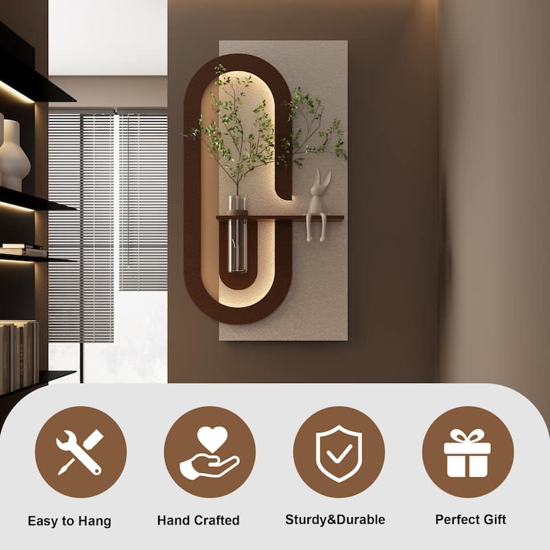 Roomfitters LED Sandstone Wall Art with 3D Vase, 3 Color Light Strip & Fake Rabbit Statue for Living Room, Light Coffee