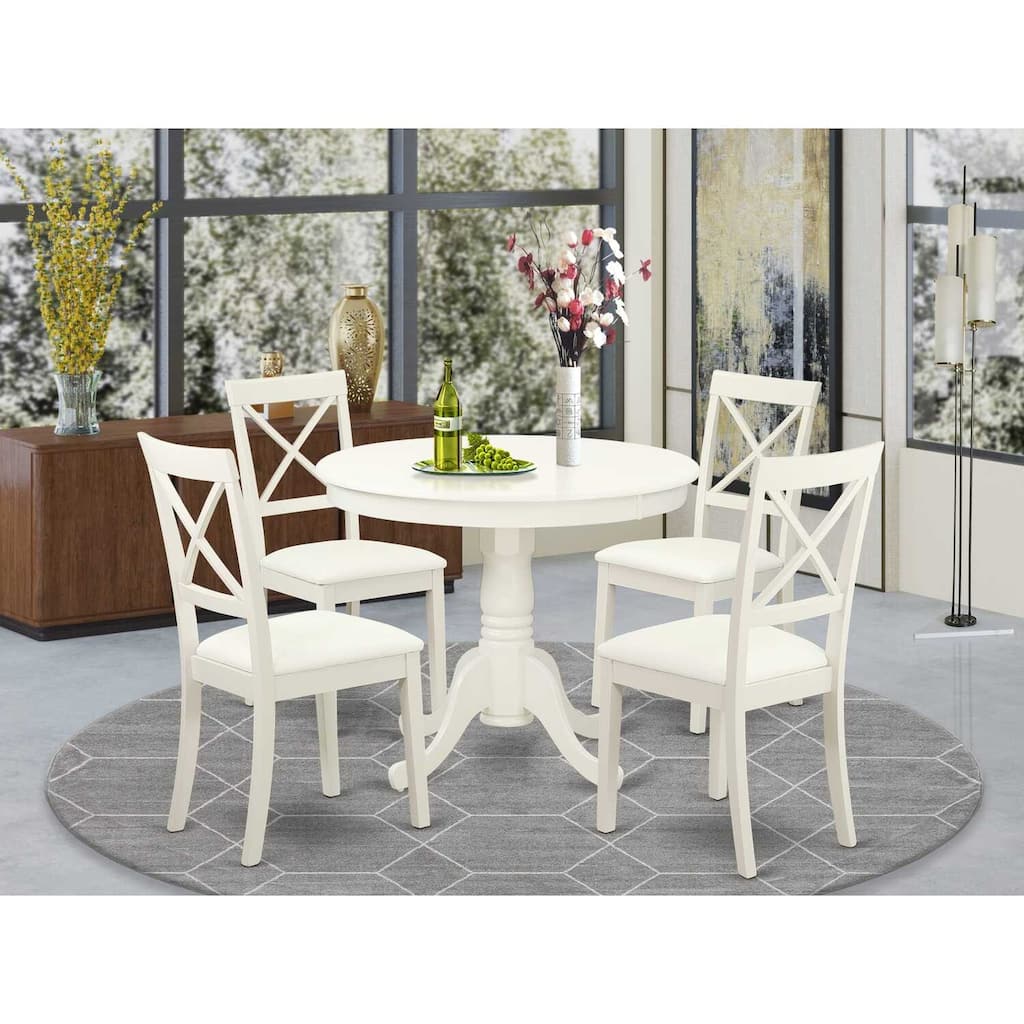 HomeStock 5-Pc Linen White Finish Solid Wood Top Dining table with 4 Faux Leather Seat Dining Chairs, Seats 4