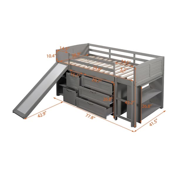 dimension image slide 1 of 4, Low Twin Size Loft Bed with Cabinets, Shelves and Slide, Grey