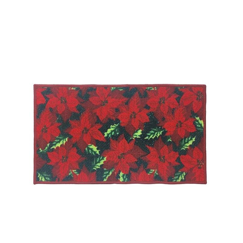 Christmas Design Kitchen Rug - Santa, Reindeer, Snowman, Poinsettia With Latex Backing - Red Poinsettia - 18"x30" Rectangle