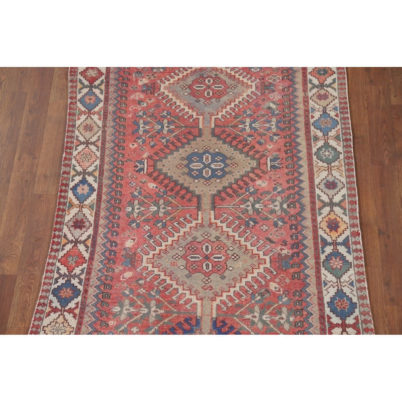 Distressed Bakhtiari Persian Vintage Runner Rug Handmade Wool Carpet - 3'5" x 9'10"