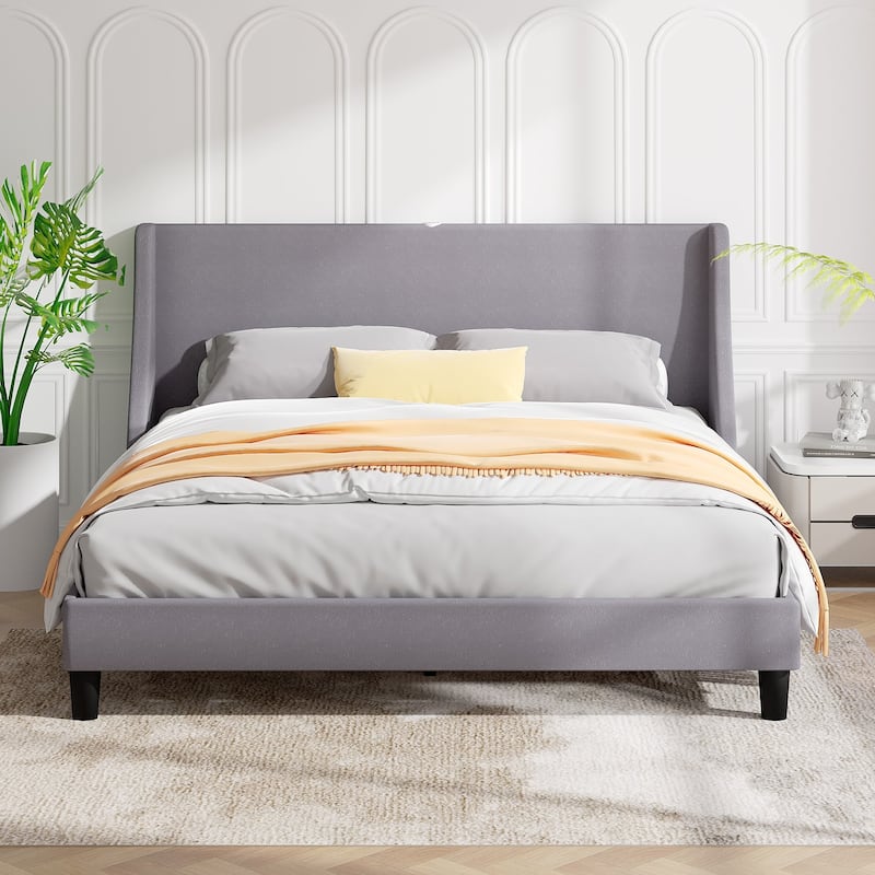 VECELO Bed Frame with Upholstered Wingback Headboard,Platform Bedframe with Charging Station & Side Pockets - Grey - Queen