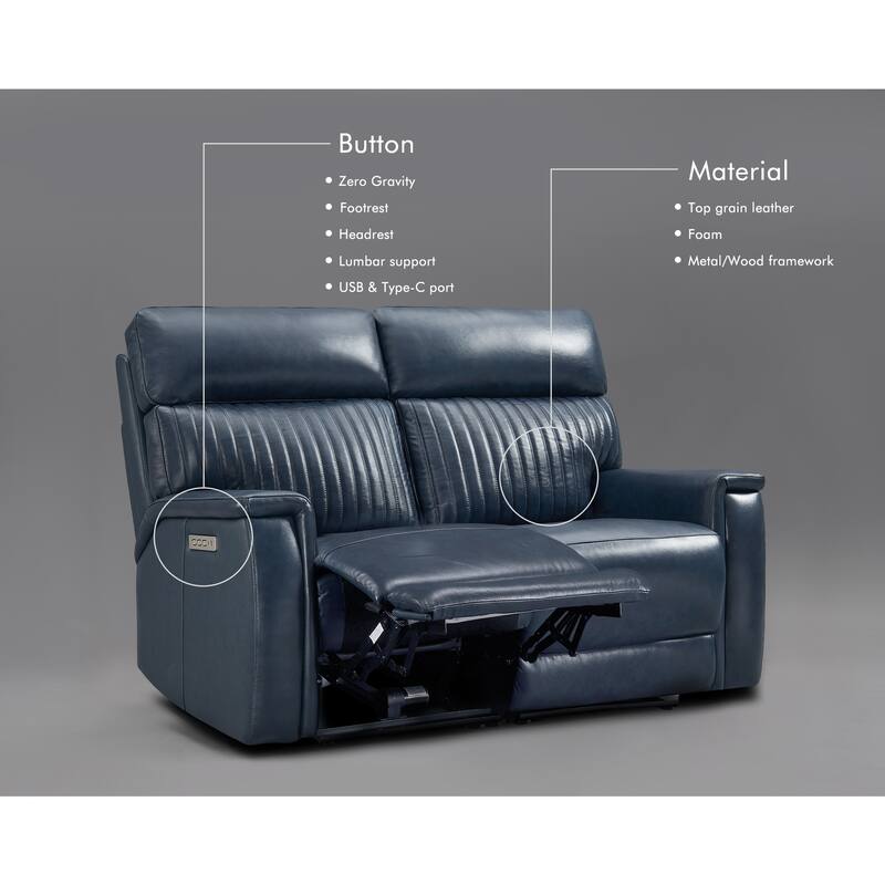 Genuine Leather Reclining Loveseat with Triple Power Adjustable Headrest, Lumbar Support, Zero Gravity, USB & USB-C Ports