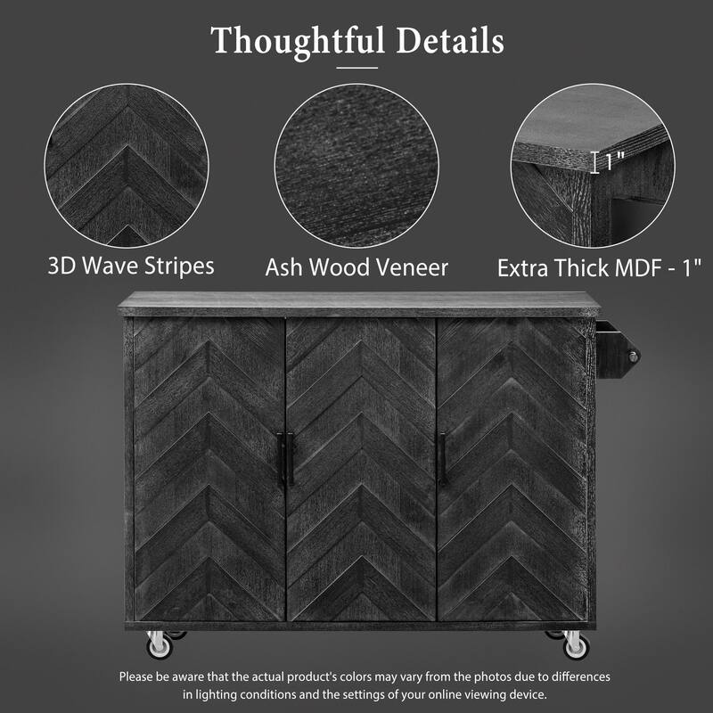 Wave Stripes Wood Finish Kitchen Island, Farmhouse Rolling Wheels Storage Cart wDrop Leaf, Internal Storage Rack for Living Room