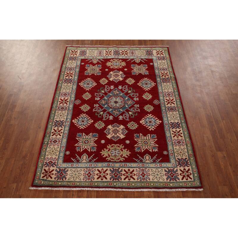Red Geometric Kazak Rug Hand-Knotted Traditional Wool Carpet - 5'0" x 7'0"