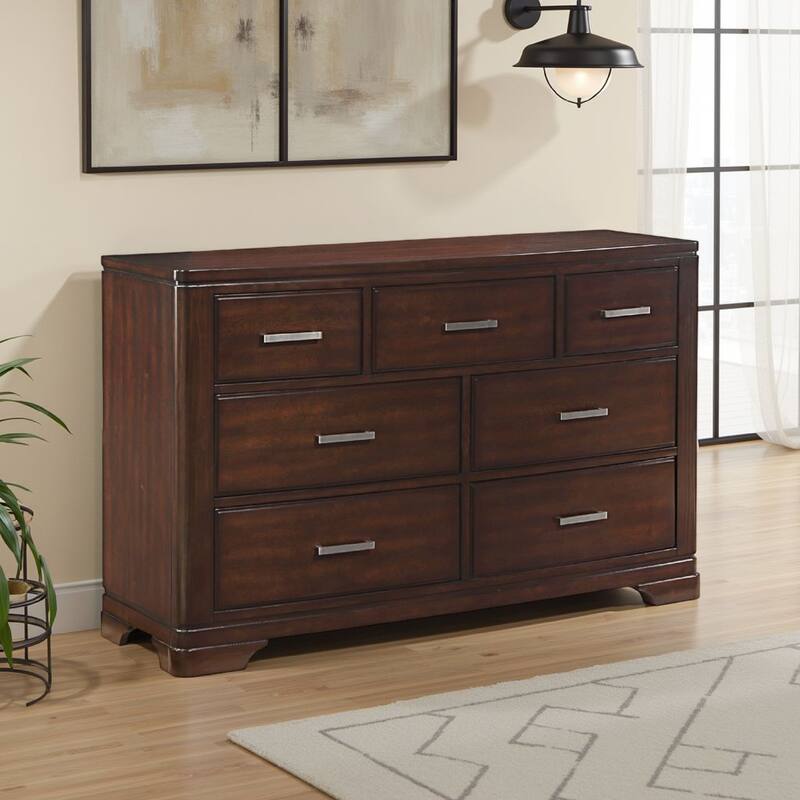 Hudy 56 Inch Dresser with 7 Drawers, Cherry Brown Birch Veneer