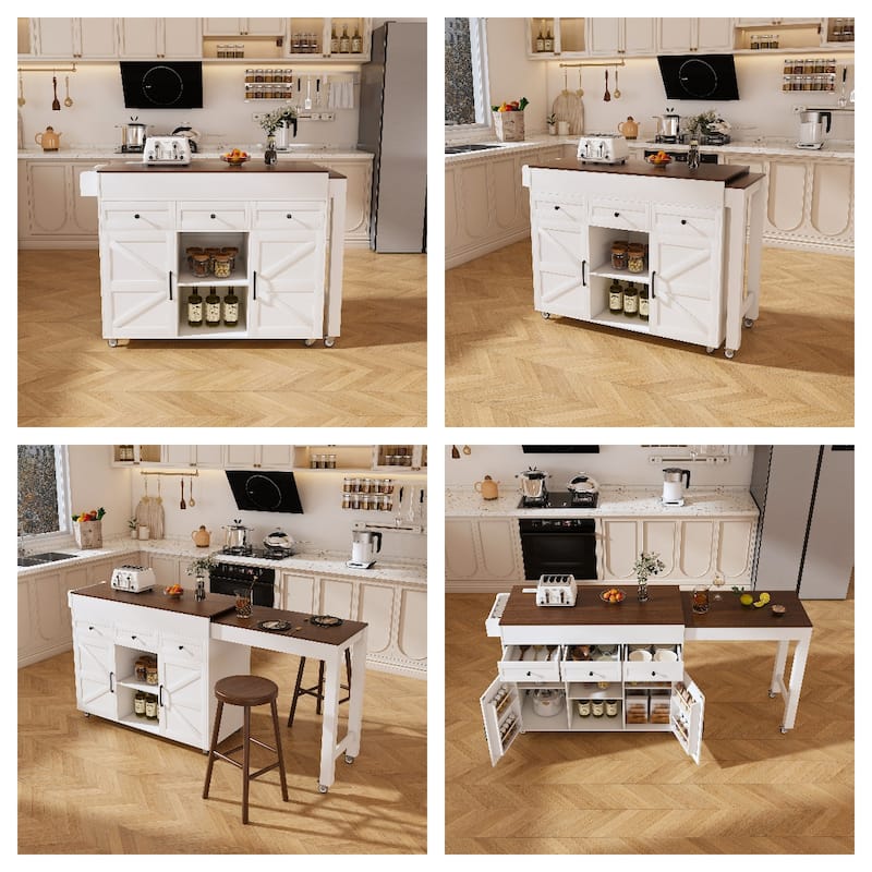 Kitchen Island with Extendable Dining Table, Kitchen Storage Cart on Wheels with 2 Drawers, Rolling Extendable Island Cart