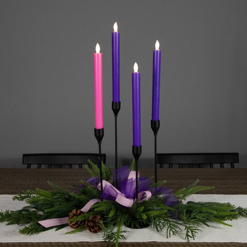 4 Purple Pink Flickering LED Christmas Advent Wax Taper Candles 9.5"