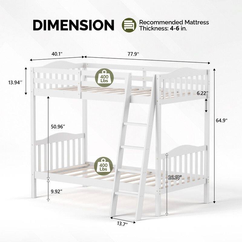 Twin Over Twin Solid Wood Bunk Bed for Kids and Adults, No Box Spring Required