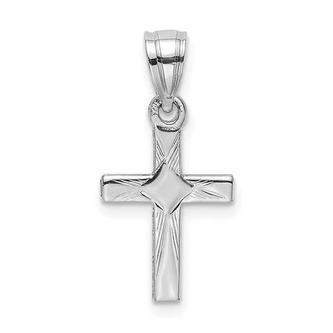 Curata 14k White Gold Mini Engraved Cross With Diamond Shape Center Necklace 10mmx17mm