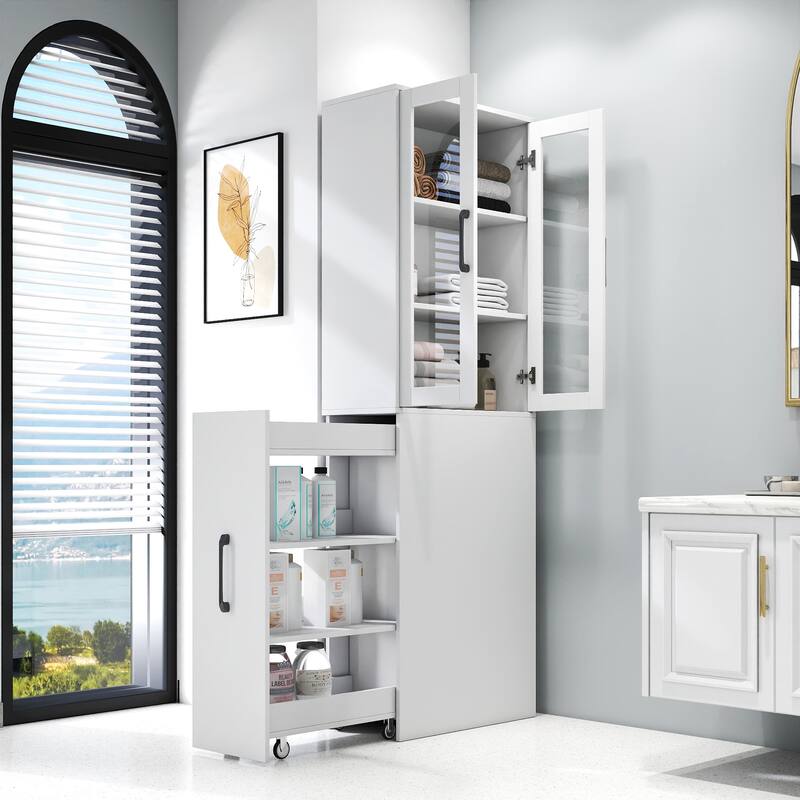 70.87" H Display Storage Cabinet , 4 Tier multi-functional pull-out multi-tier storage shelf & 2 Glass Doors - White